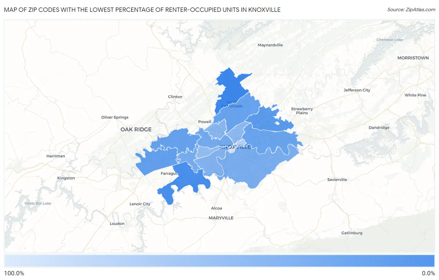 Zip Codes with the Lowest Percentage of Renter-Occupied Units in Knoxville Map