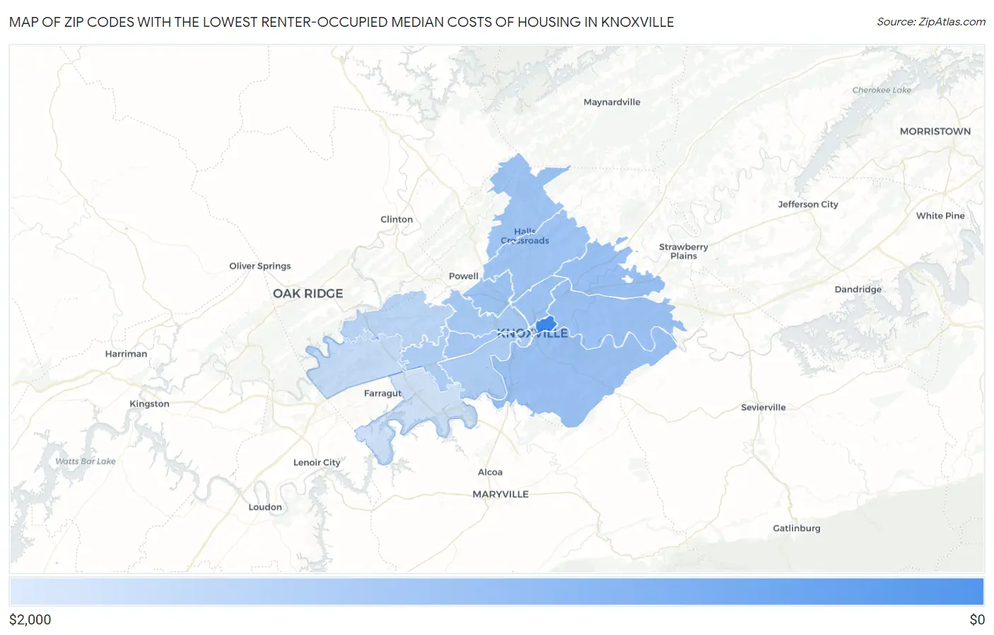 Zip Codes with the Lowest Renter-Occupied Median Costs of Housing in Knoxville Map