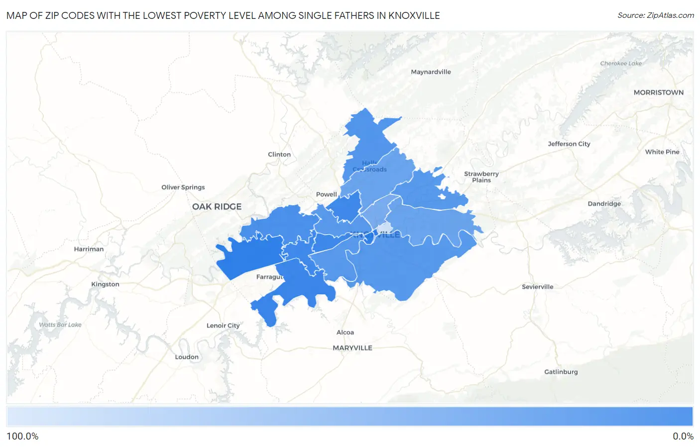 Zip Codes with the Lowest Poverty Level Among Single Fathers in Knoxville Map