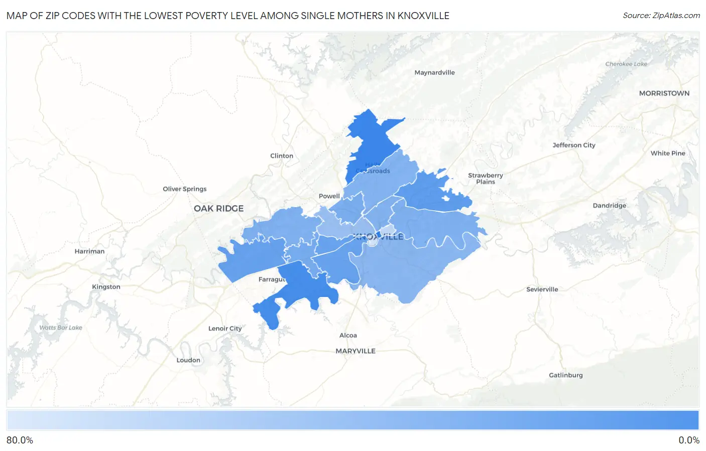 Zip Codes with the Lowest Poverty Level Among Single Mothers in Knoxville Map