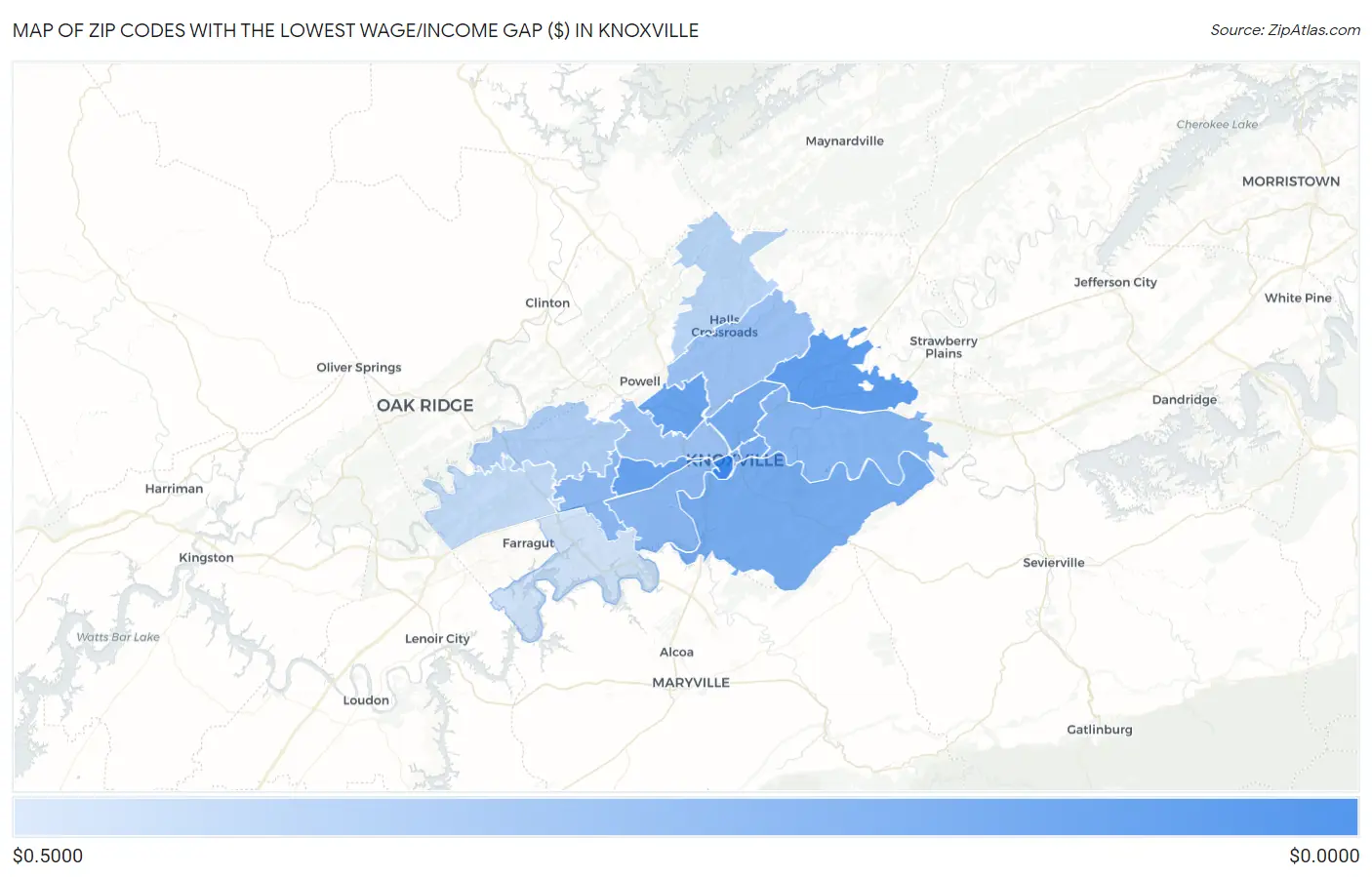 Zip Codes with the Lowest Wage/Income Gap ($) in Knoxville Map