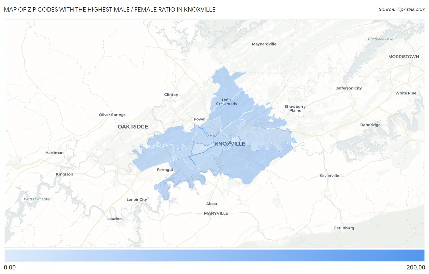 Zip Codes with the Highest Male / Female Ratio in Knoxville Map