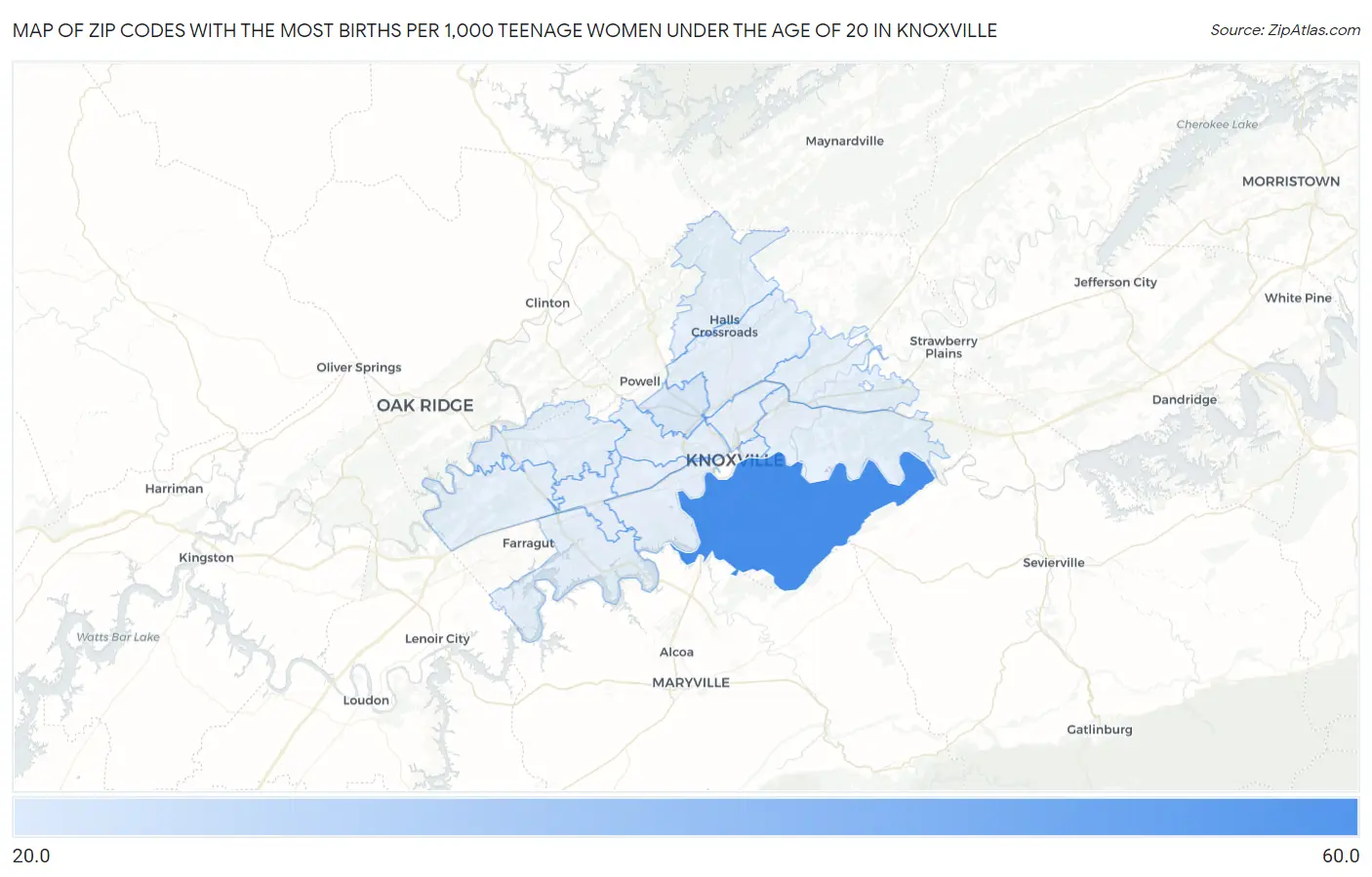 Zip Codes with the Most Births per 1,000 Teenage Women Under the Age of 20 in Knoxville Map