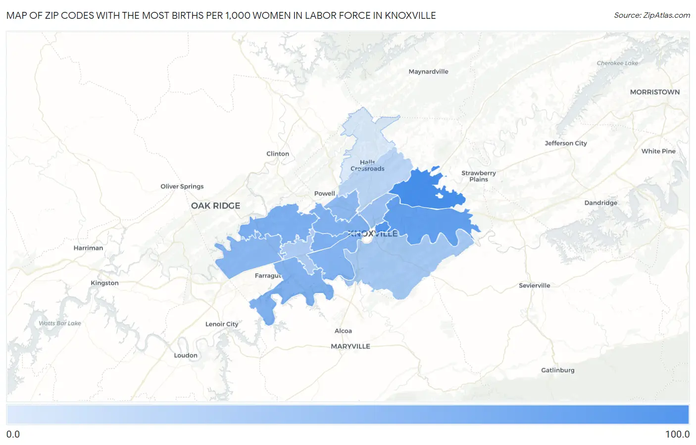 Zip Codes with the Most Births per 1,000 Women in Labor Force in Knoxville Map