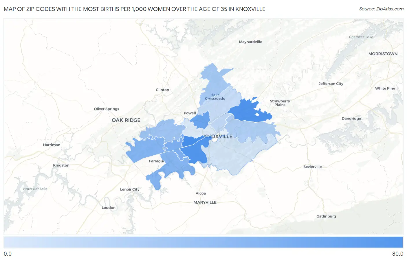Zip Codes with the Most Births per 1,000 Women Over the Age of 35 in Knoxville Map