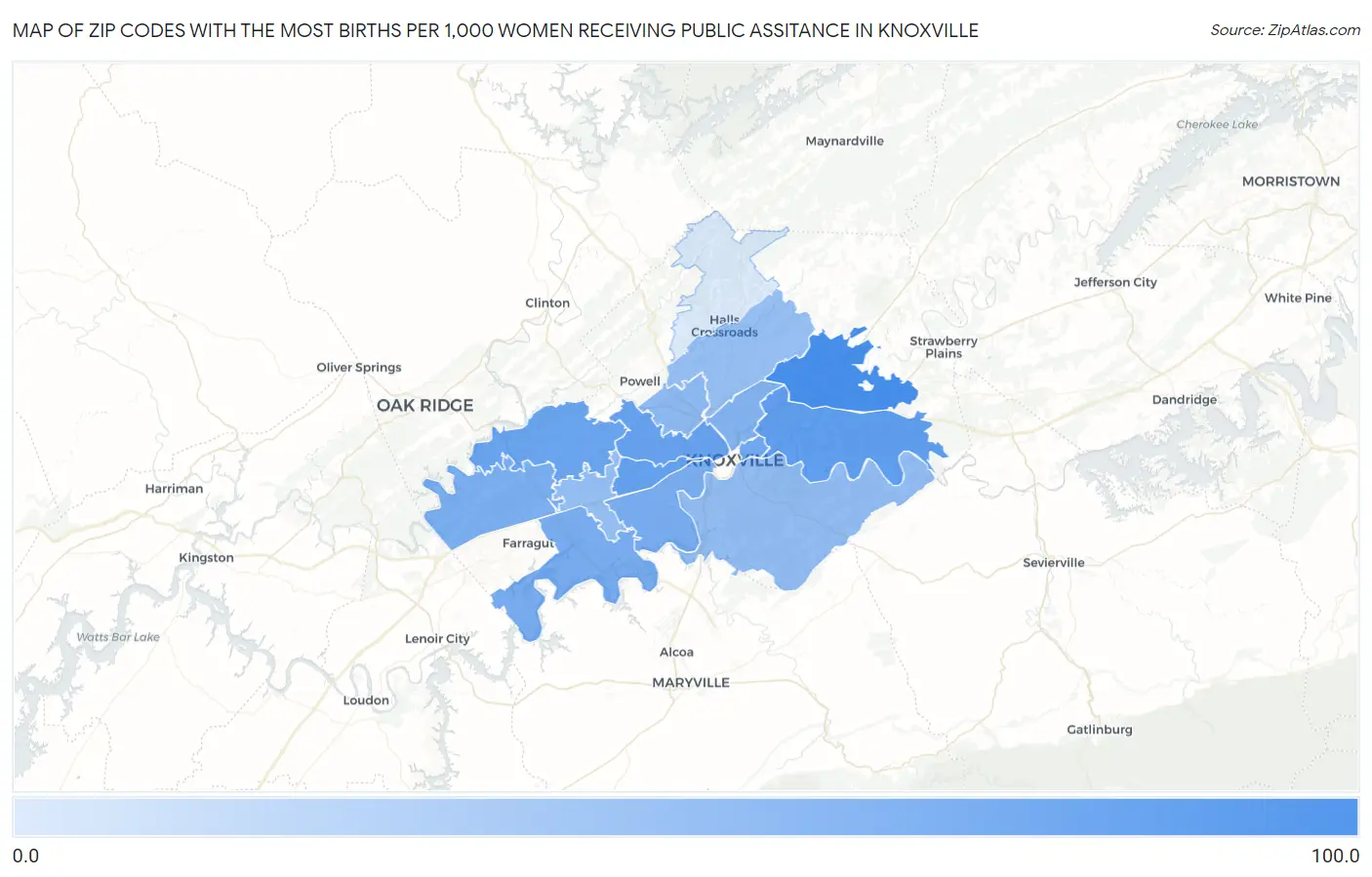 Zip Codes with the Most Births per 1,000 Women Receiving Public Assitance in Knoxville Map