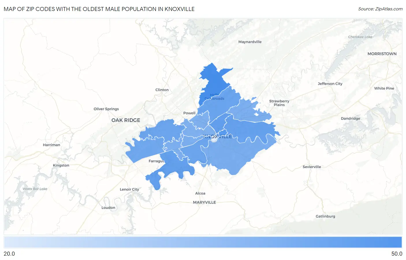 Zip Codes with the Oldest Male Population in Knoxville Map