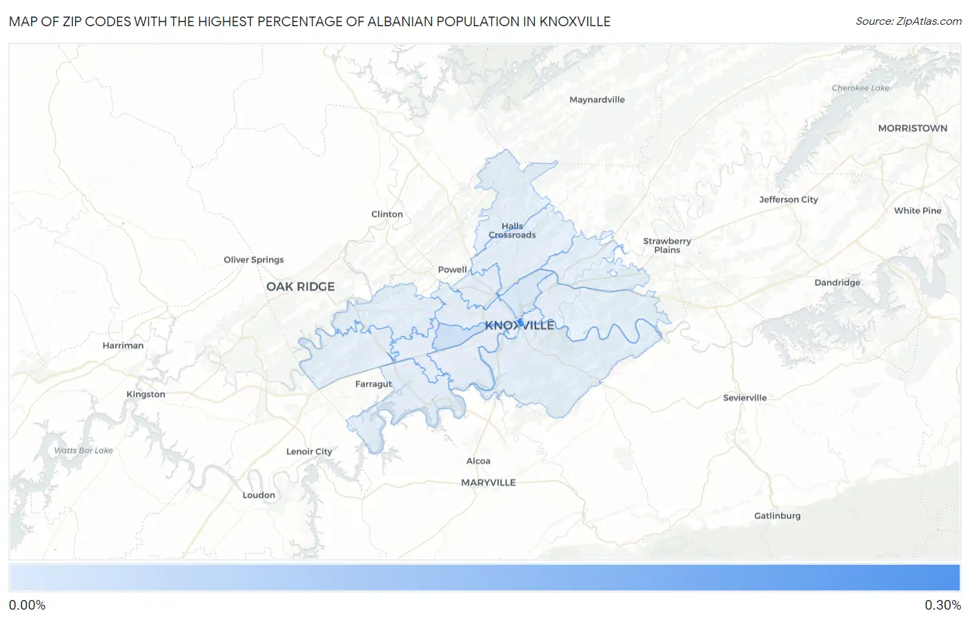 Zip Codes with the Highest Percentage of Albanian Population in Knoxville Map