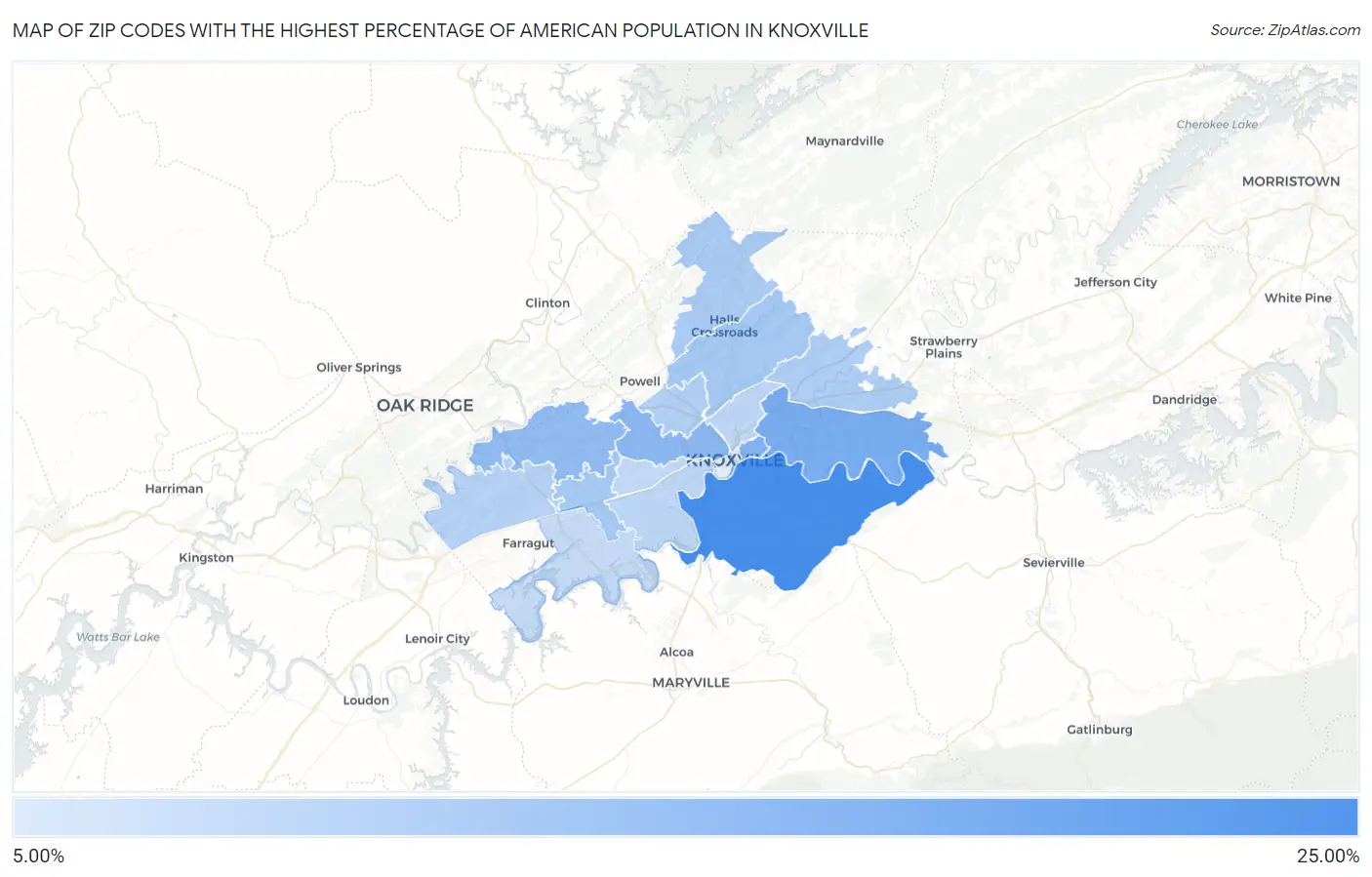 Zip Codes with the Highest Percentage of American Population in Knoxville Map