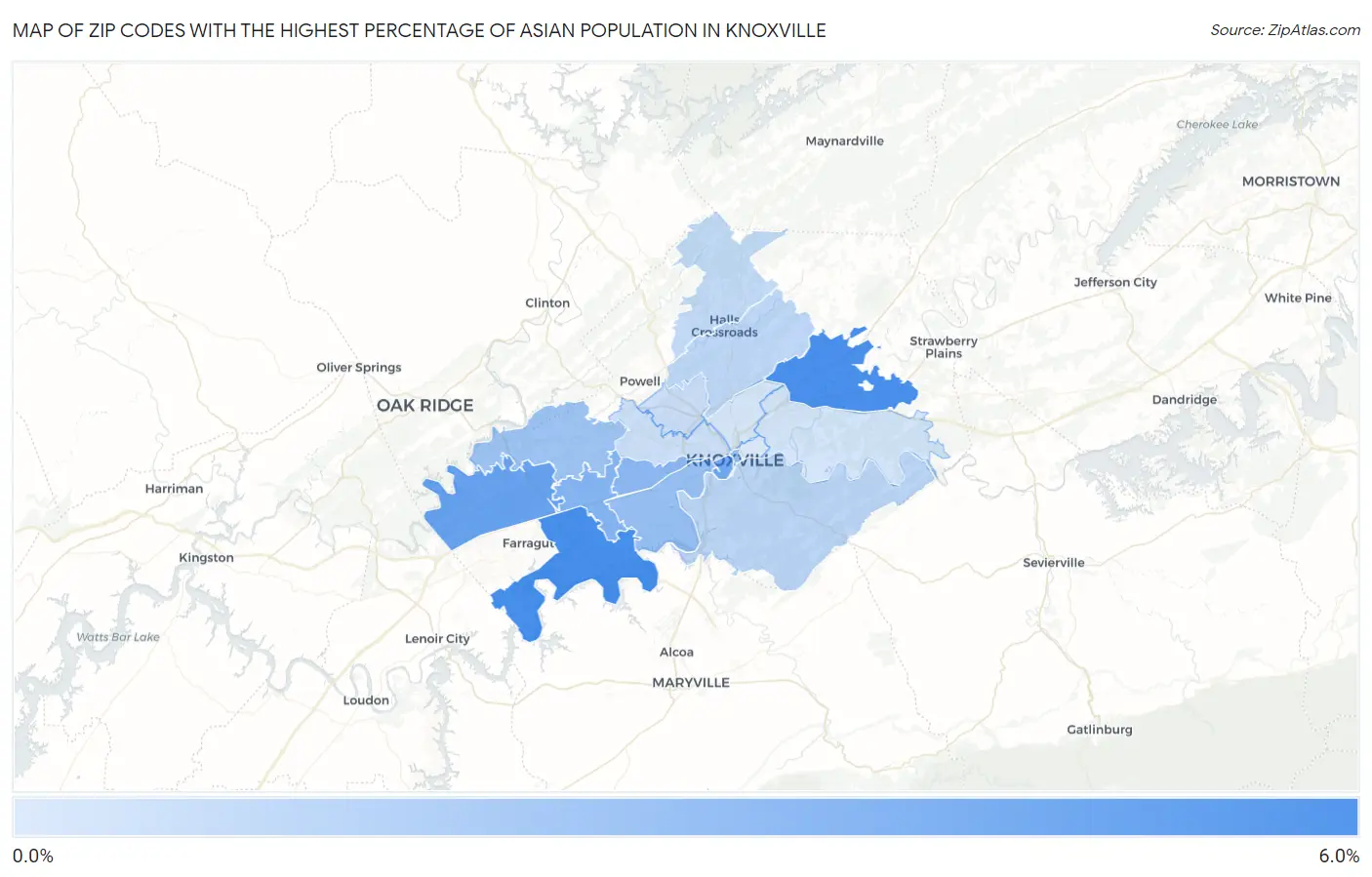 Zip Codes with the Highest Percentage of Asian Population in Knoxville Map