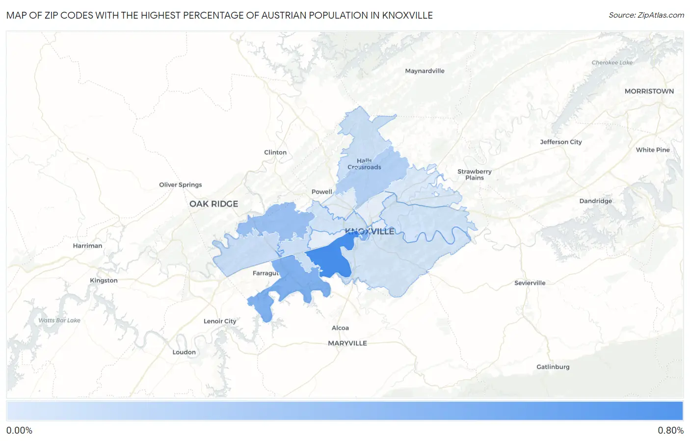 Zip Codes with the Highest Percentage of Austrian Population in Knoxville Map