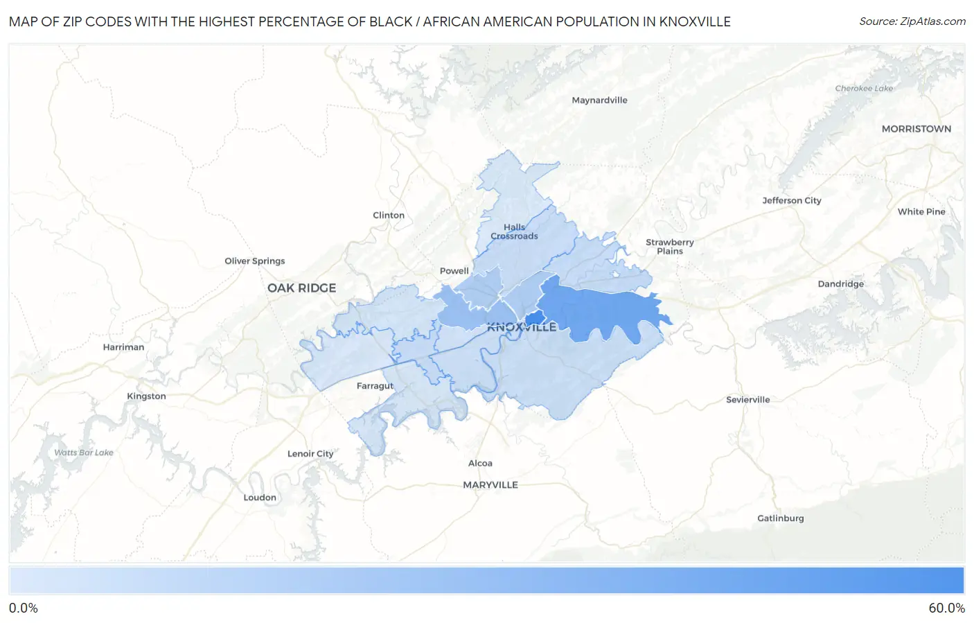 Zip Codes with the Highest Percentage of Black / African American Population in Knoxville Map