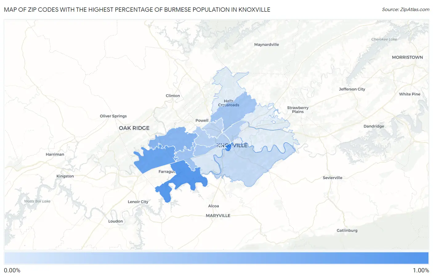 Zip Codes with the Highest Percentage of Burmese Population in Knoxville Map