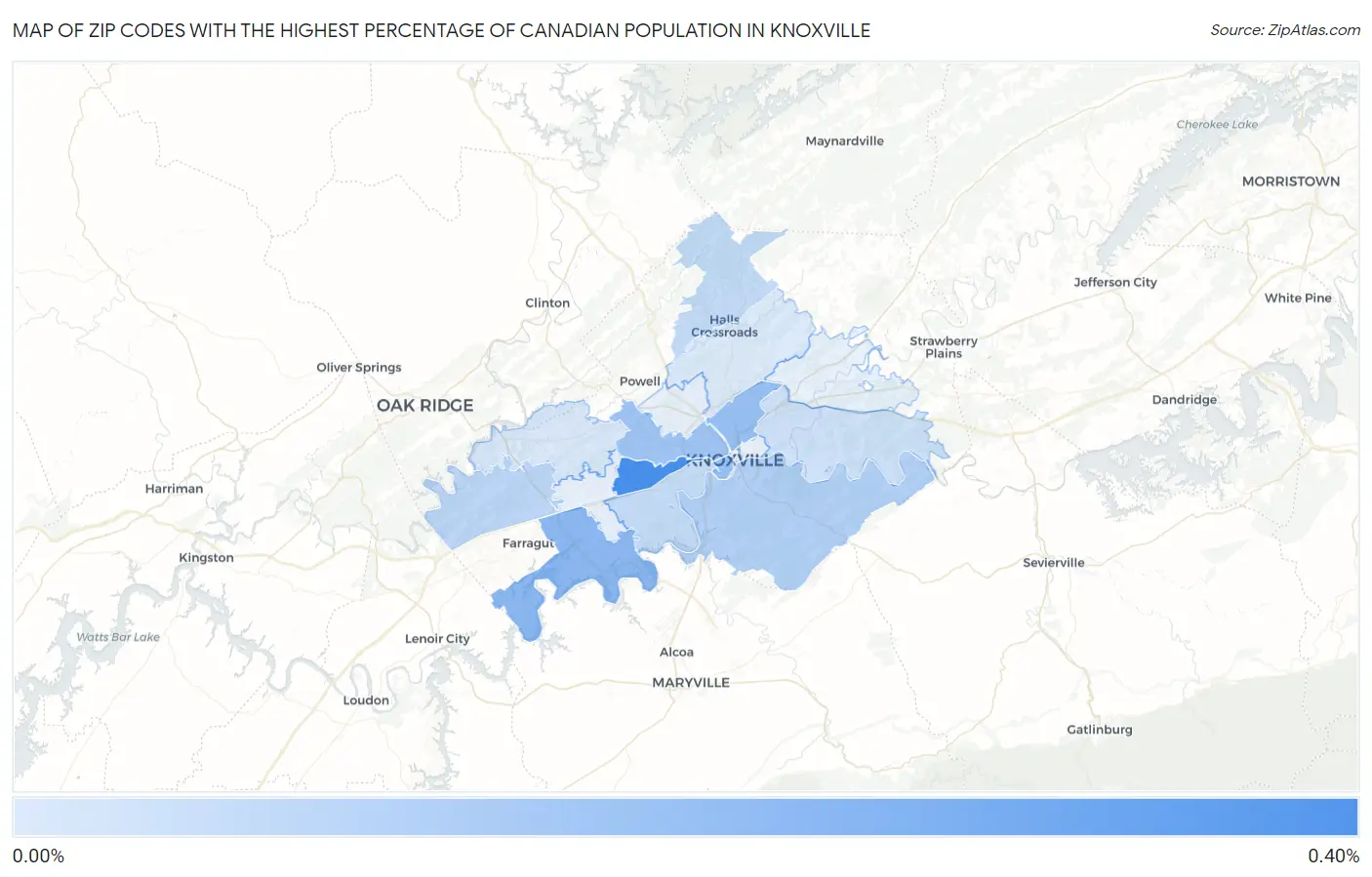 Zip Codes with the Highest Percentage of Canadian Population in Knoxville Map