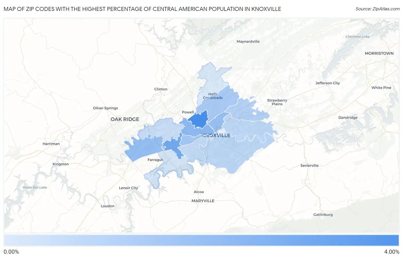 Zip Codes with the Highest Percentage of Central American Population in Knoxville Map