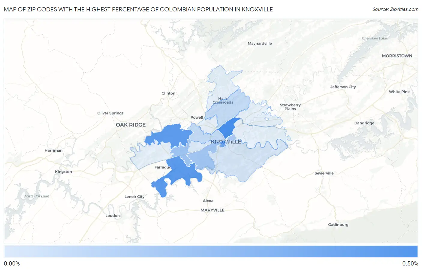 Zip Codes with the Highest Percentage of Colombian Population in Knoxville Map