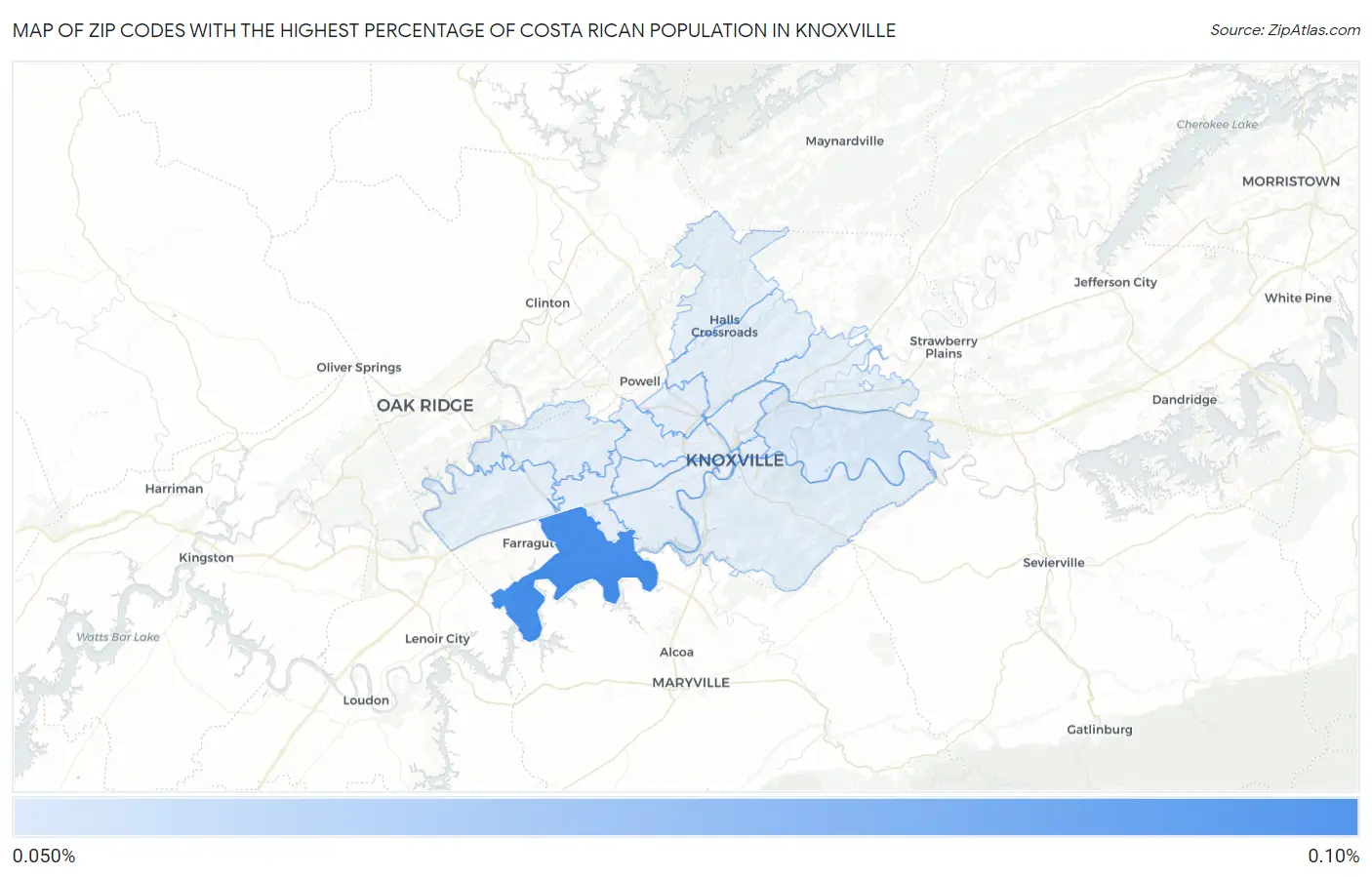 Zip Codes with the Highest Percentage of Costa Rican Population in Knoxville Map