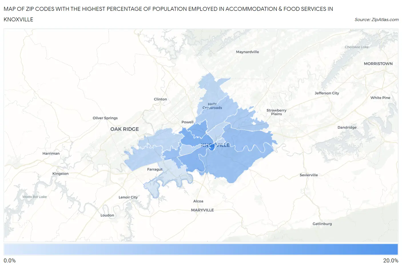 Zip Codes with the Highest Percentage of Population Employed in Accommodation & Food Services in Knoxville Map