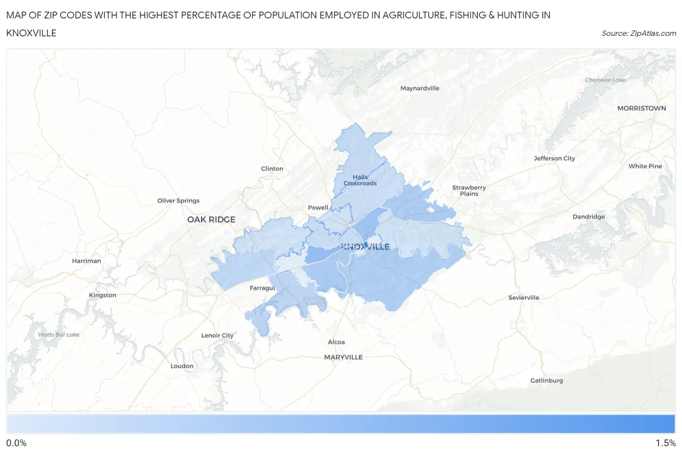 Zip Codes with the Highest Percentage of Population Employed in Agriculture, Fishing & Hunting in Knoxville Map