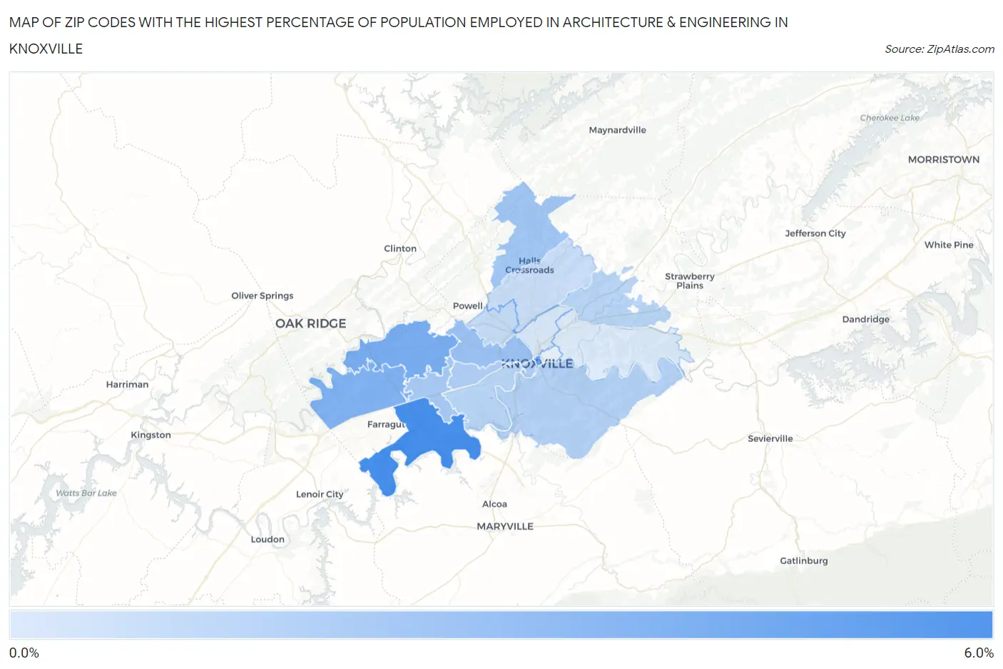 Zip Codes with the Highest Percentage of Population Employed in Architecture & Engineering in Knoxville Map