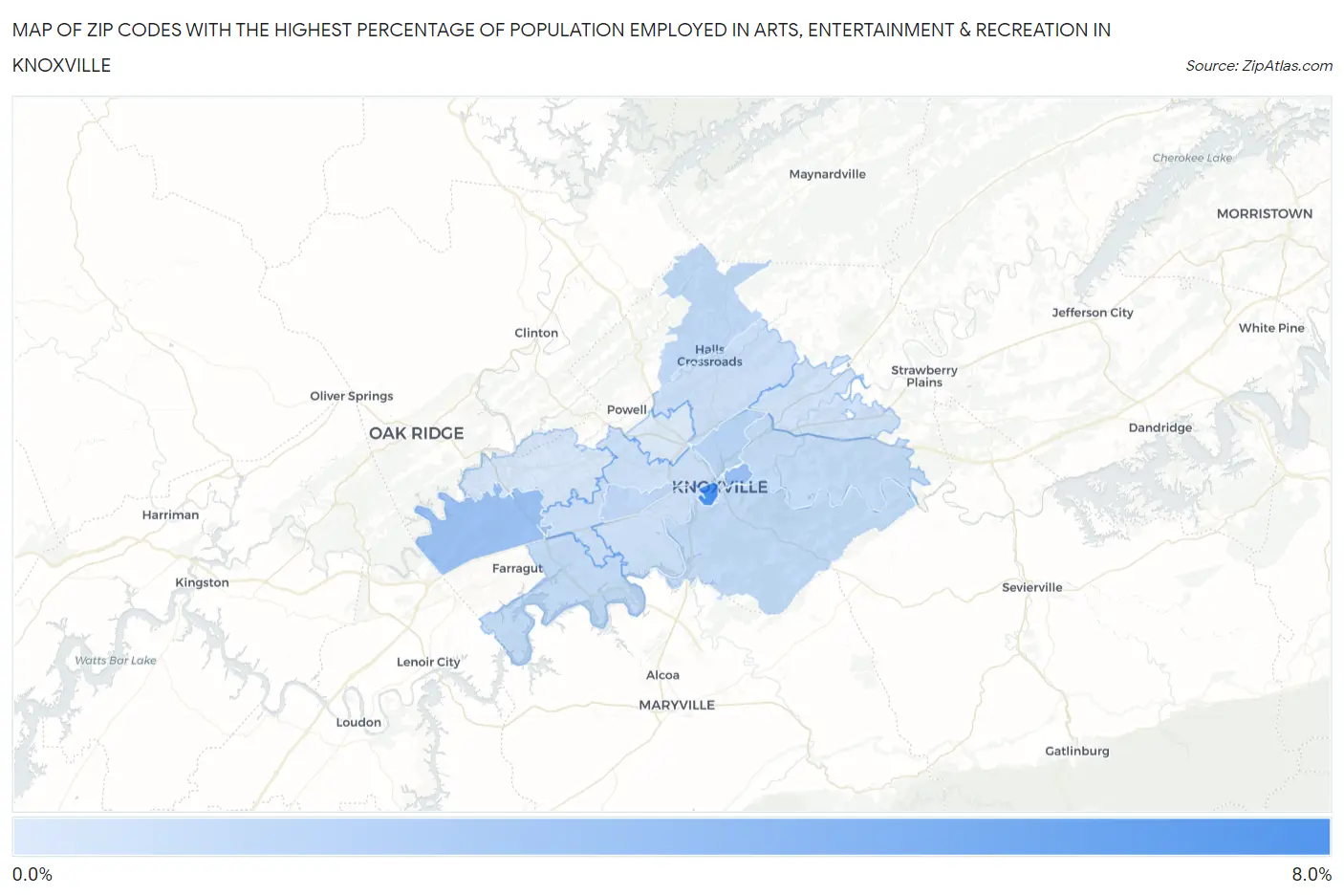 Zip Codes with the Highest Percentage of Population Employed in Arts, Entertainment & Recreation in Knoxville Map