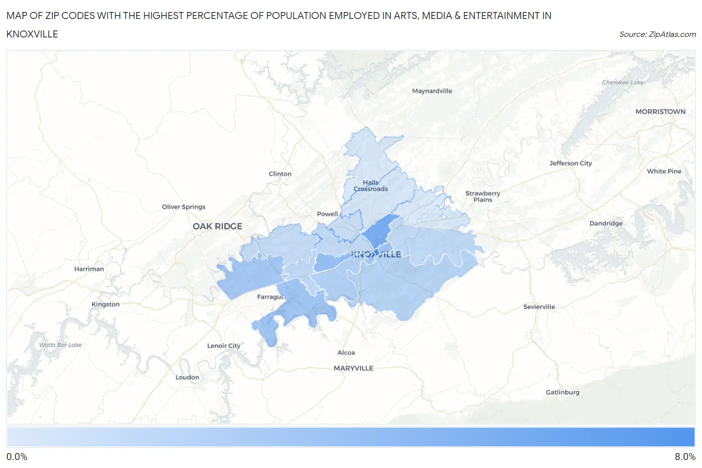 Zip Codes with the Highest Percentage of Population Employed in Arts, Media & Entertainment in Knoxville Map