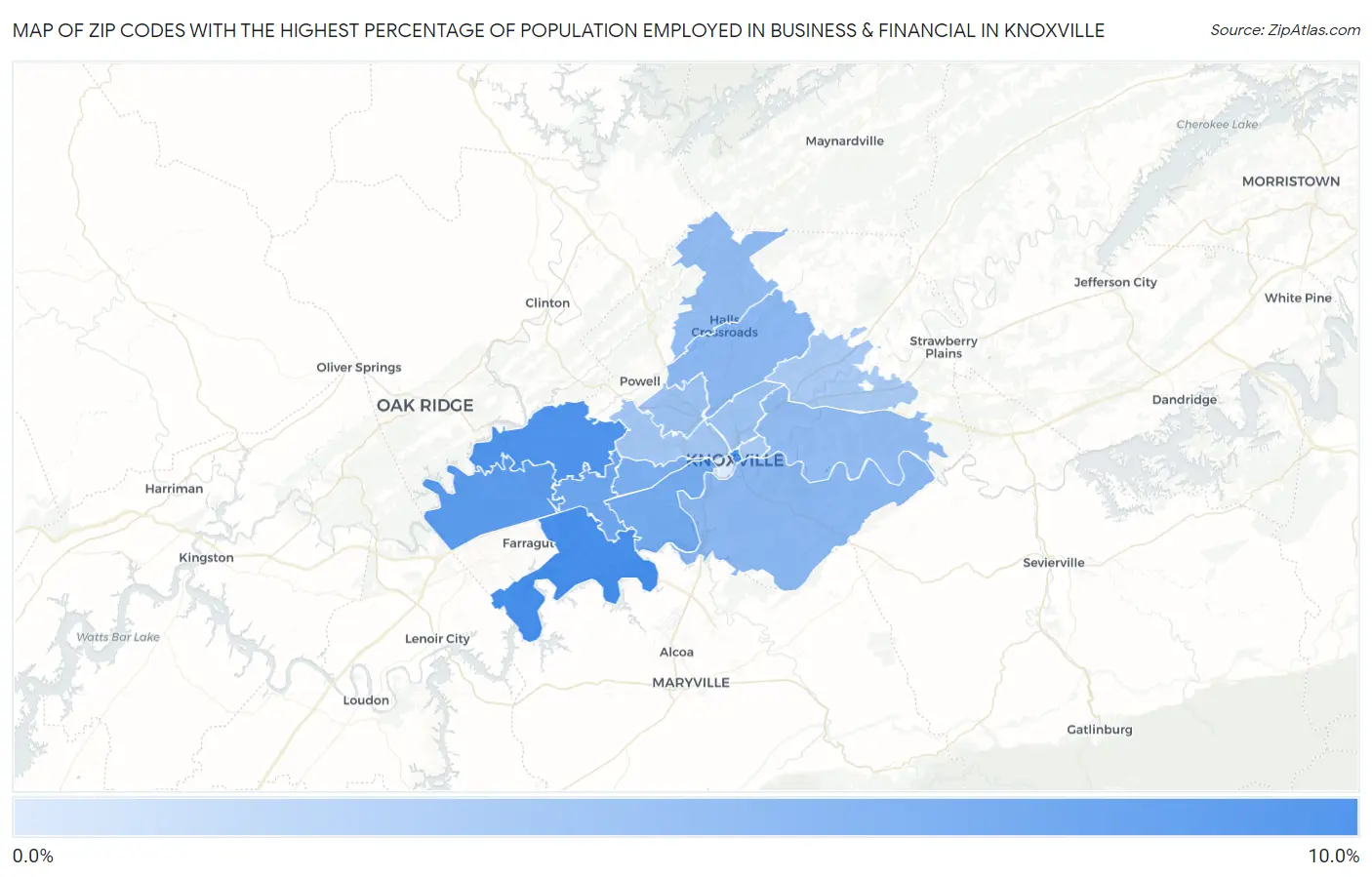 Zip Codes with the Highest Percentage of Population Employed in Business & Financial in Knoxville Map