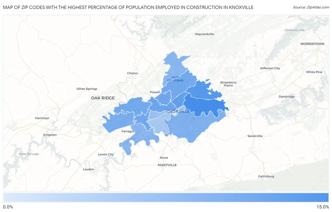 Zip Codes with the Highest Percentage of Population Employed in Construction in Knoxville Map