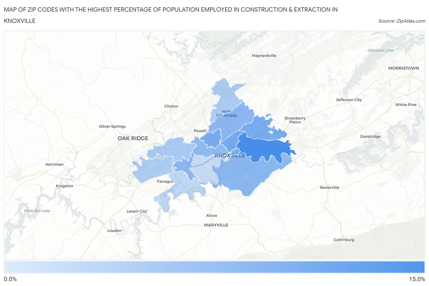 Zip Codes with the Highest Percentage of Population Employed in Construction & Extraction in Knoxville Map