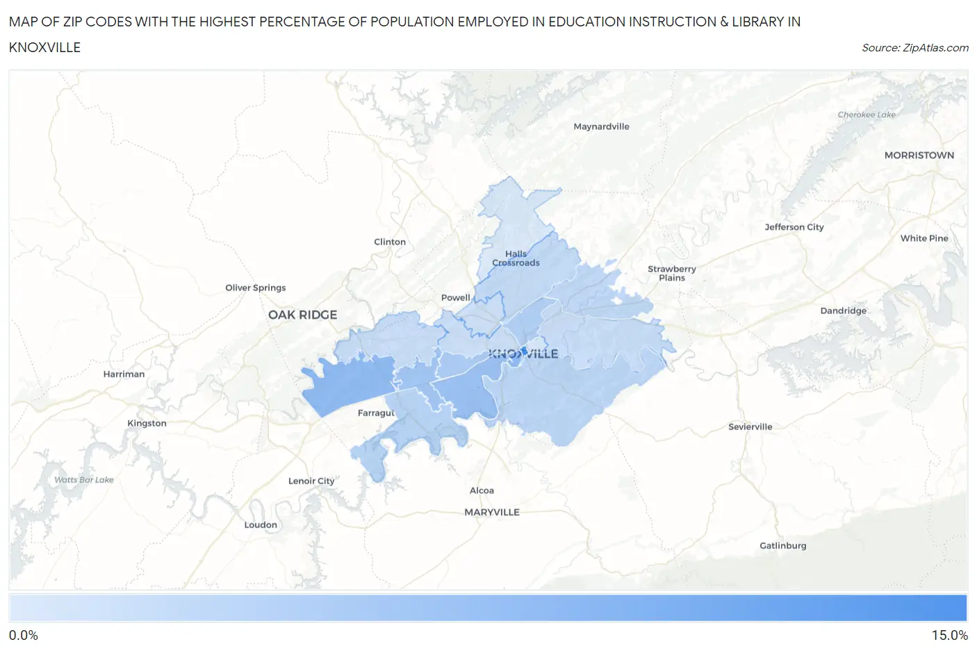 Zip Codes with the Highest Percentage of Population Employed in Education Instruction & Library in Knoxville Map