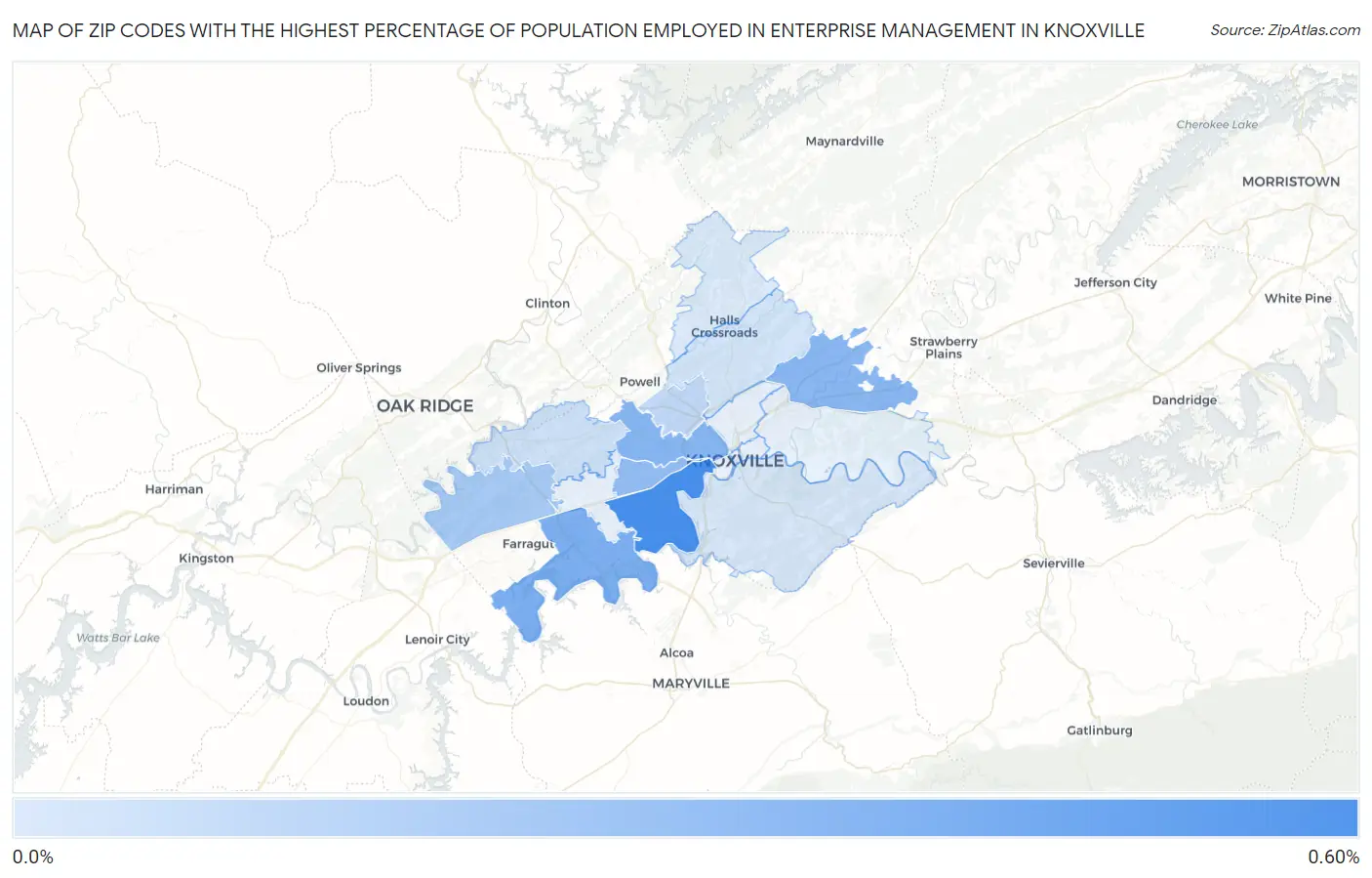 Zip Codes with the Highest Percentage of Population Employed in Enterprise Management in Knoxville Map