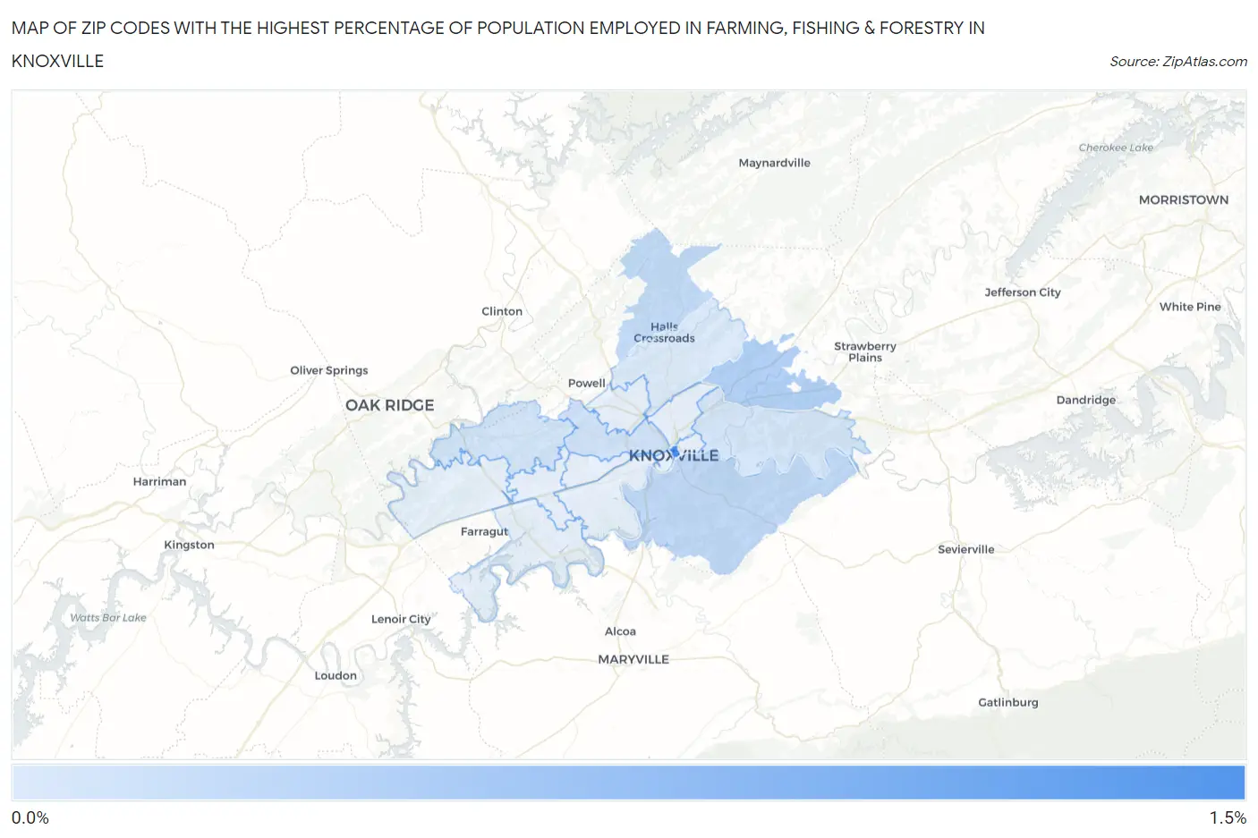 Zip Codes with the Highest Percentage of Population Employed in Farming, Fishing & Forestry in Knoxville Map