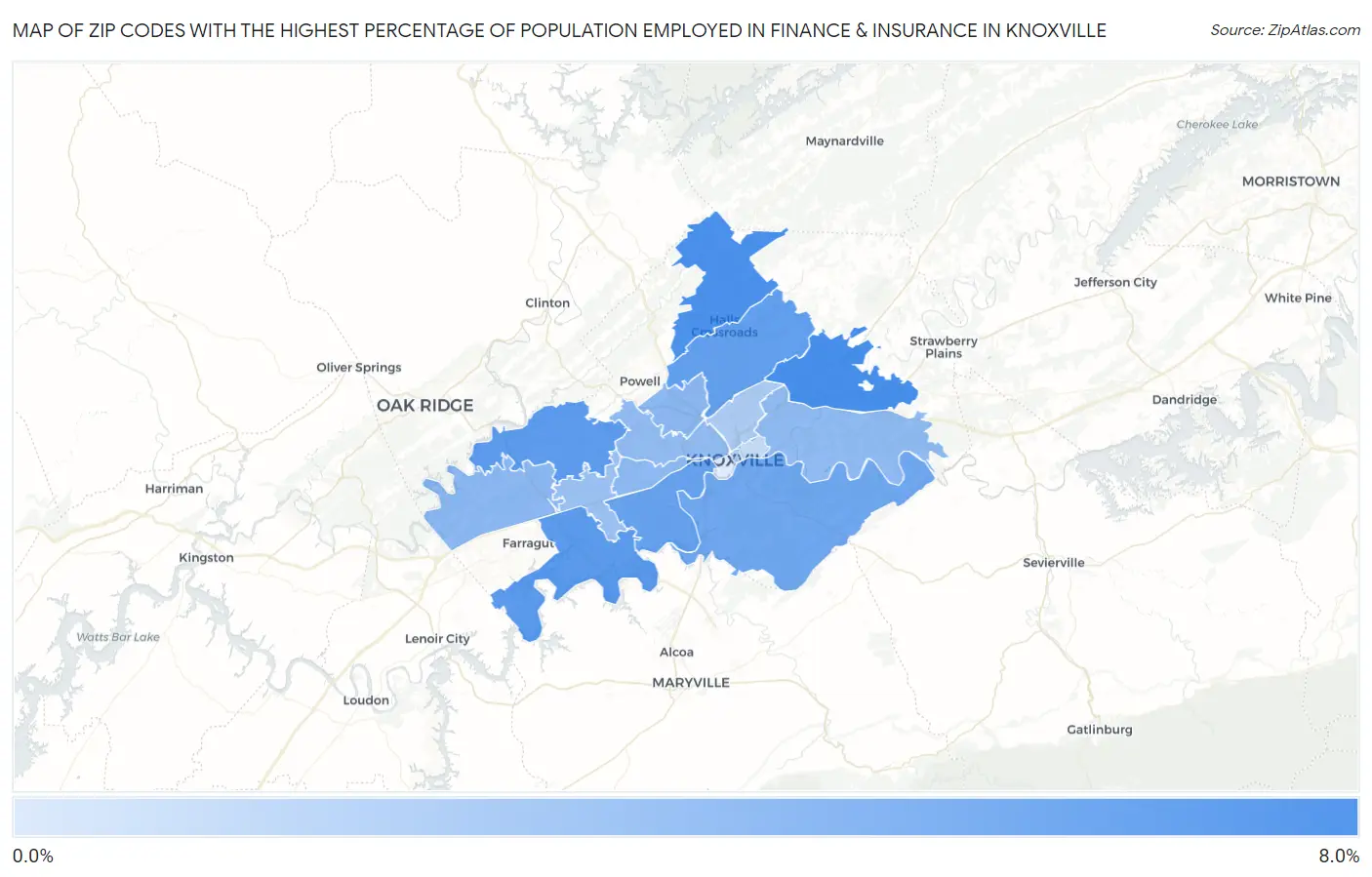 Zip Codes with the Highest Percentage of Population Employed in Finance & Insurance in Knoxville Map