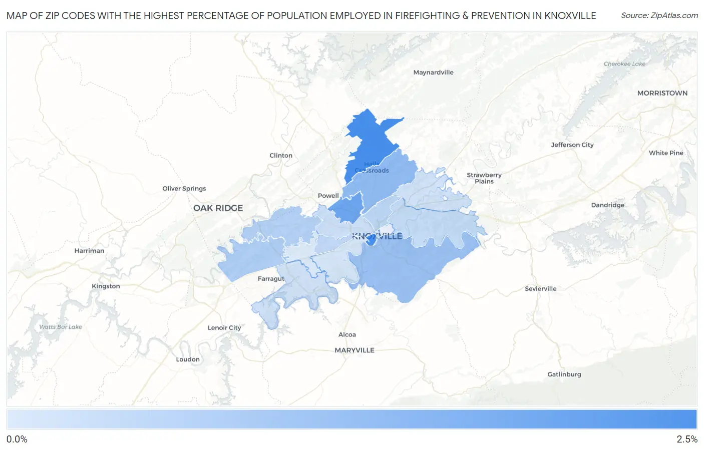 Zip Codes with the Highest Percentage of Population Employed in Firefighting & Prevention in Knoxville Map