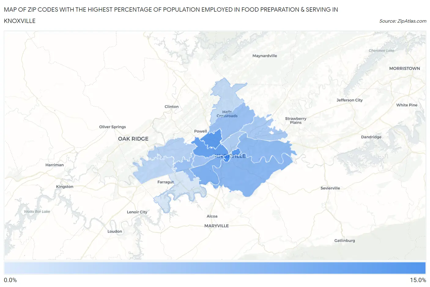 Zip Codes with the Highest Percentage of Population Employed in Food Preparation & Serving in Knoxville Map