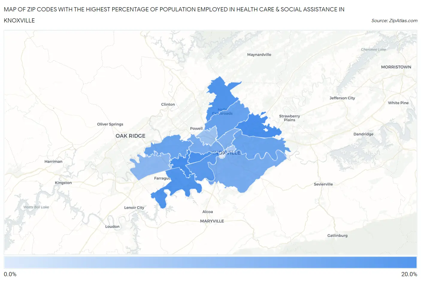 Zip Codes with the Highest Percentage of Population Employed in Health Care & Social Assistance in Knoxville Map