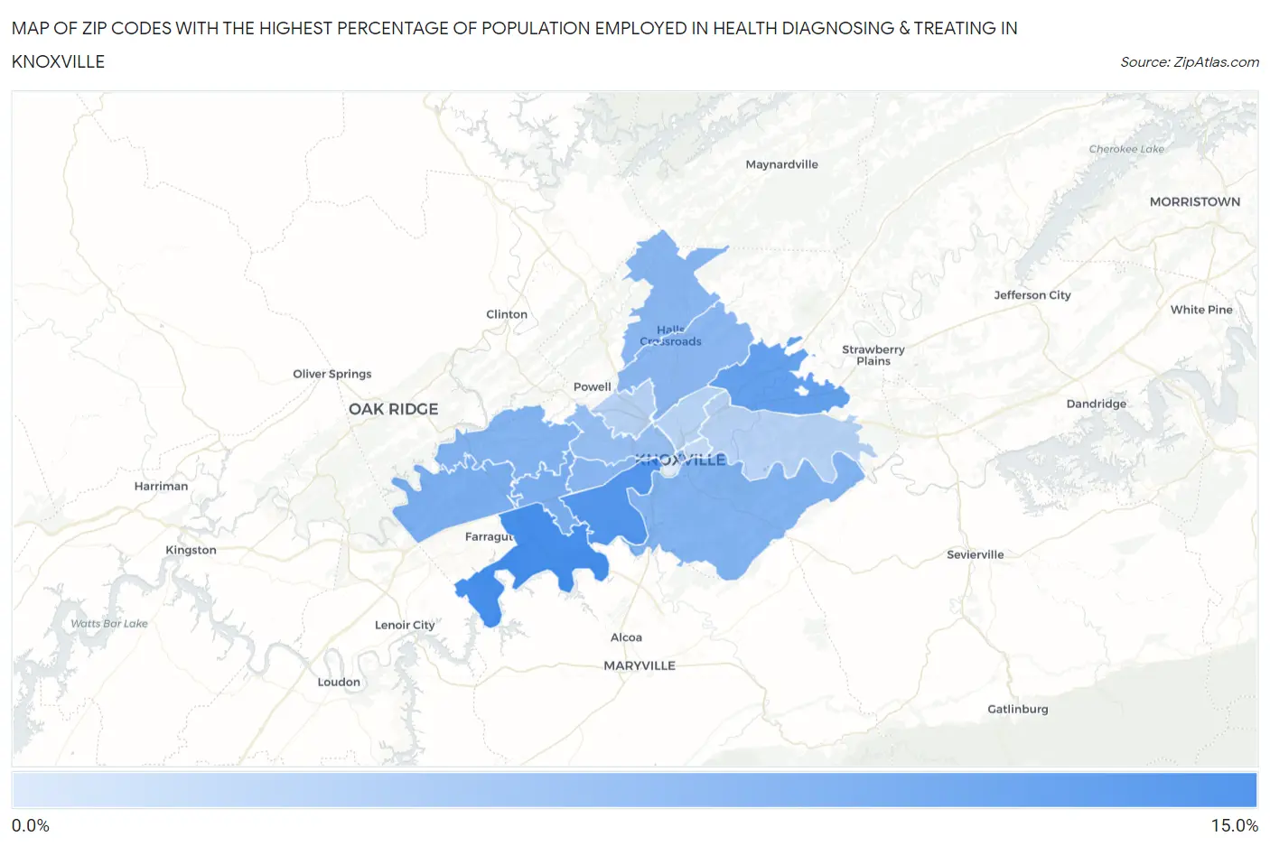 Zip Codes with the Highest Percentage of Population Employed in Health Diagnosing & Treating in Knoxville Map
