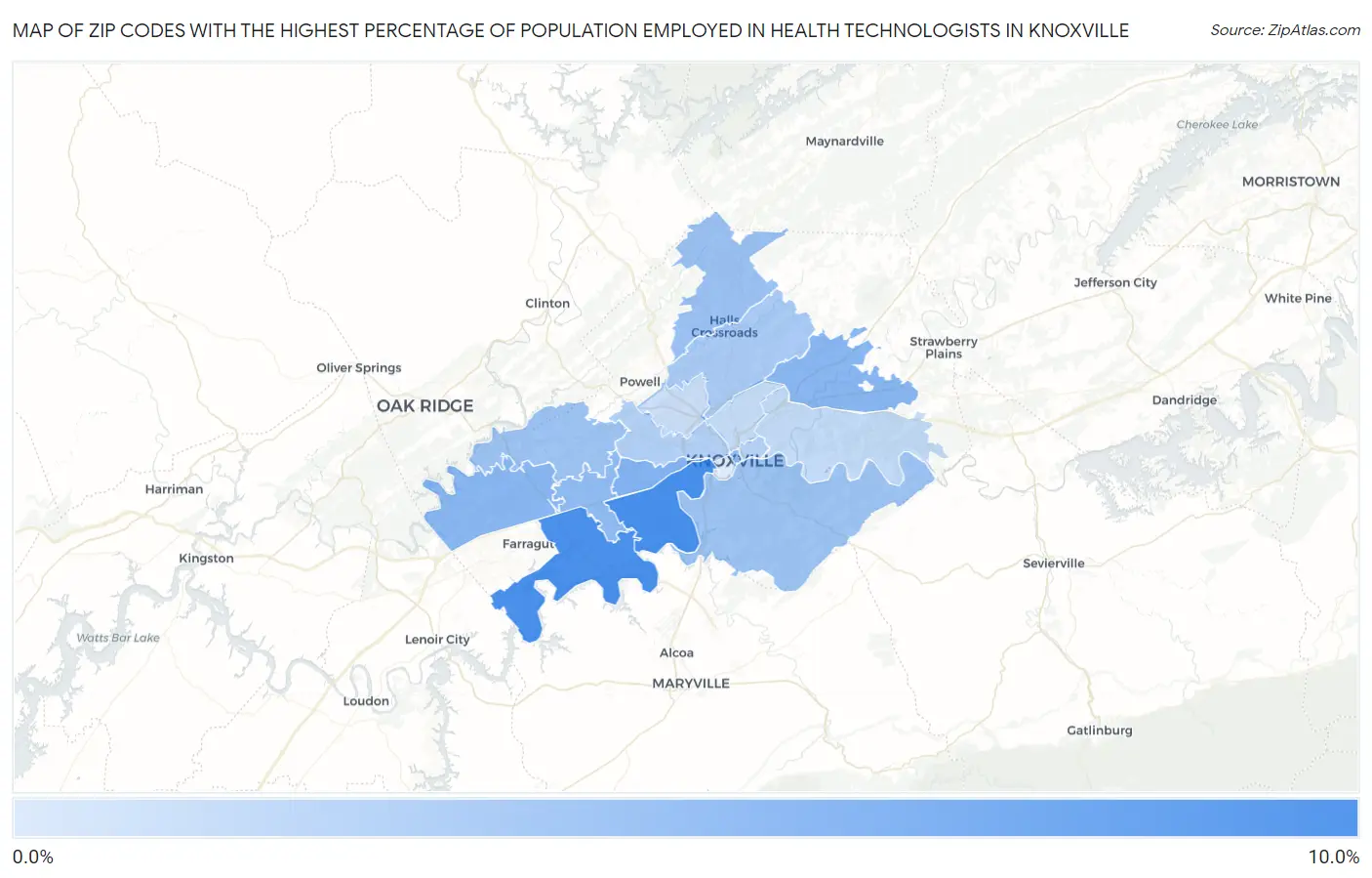 Zip Codes with the Highest Percentage of Population Employed in Health Technologists in Knoxville Map