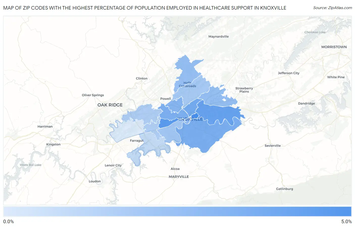 Zip Codes with the Highest Percentage of Population Employed in Healthcare Support in Knoxville Map