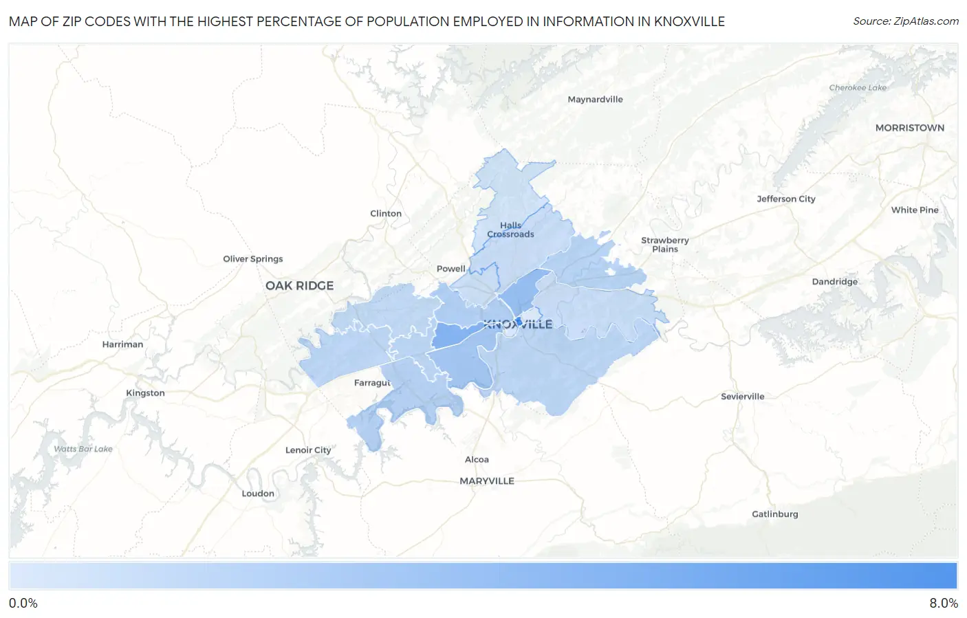 Zip Codes with the Highest Percentage of Population Employed in Information in Knoxville Map