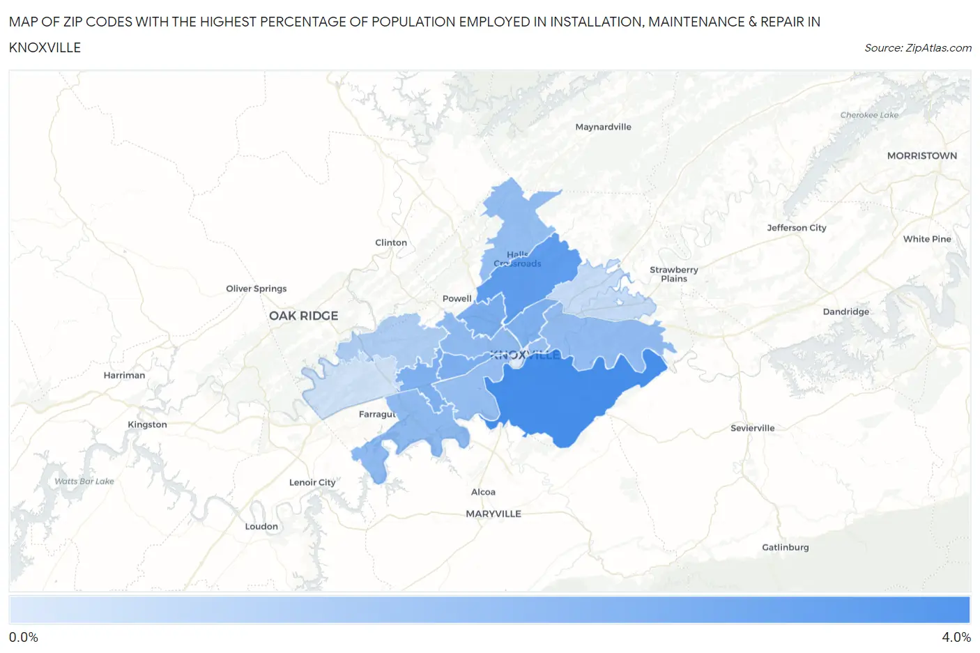 Zip Codes with the Highest Percentage of Population Employed in Installation, Maintenance & Repair in Knoxville Map
