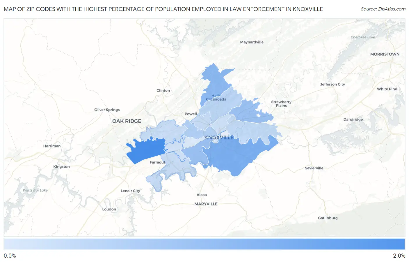 Zip Codes with the Highest Percentage of Population Employed in Law Enforcement in Knoxville Map
