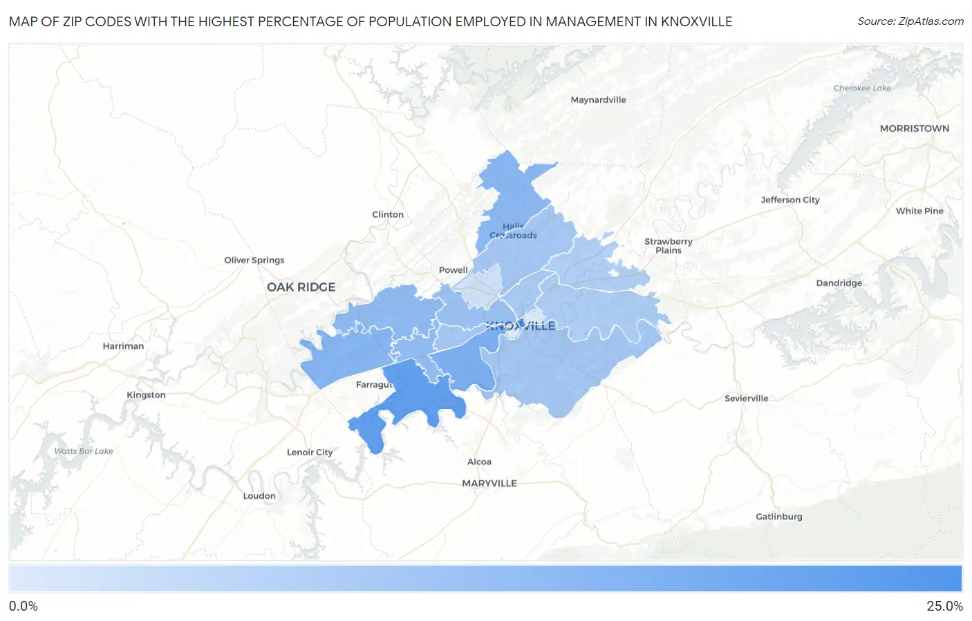 Zip Codes with the Highest Percentage of Population Employed in Management in Knoxville Map