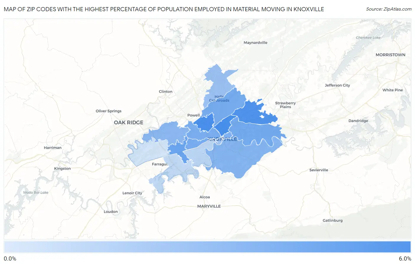 Zip Codes with the Highest Percentage of Population Employed in Material Moving in Knoxville Map
