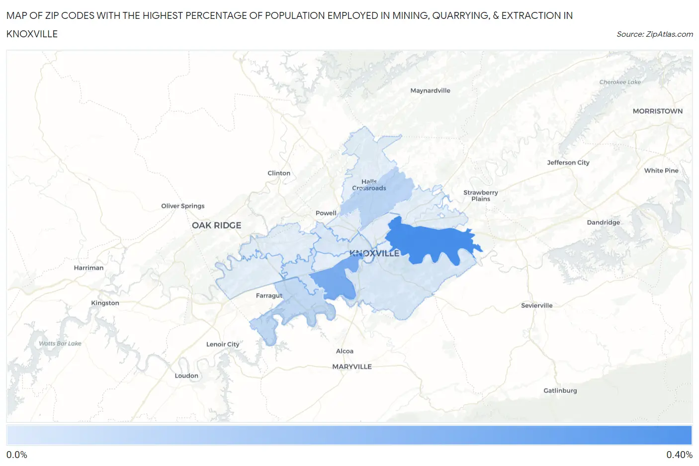 Zip Codes with the Highest Percentage of Population Employed in Mining, Quarrying, & Extraction in Knoxville Map