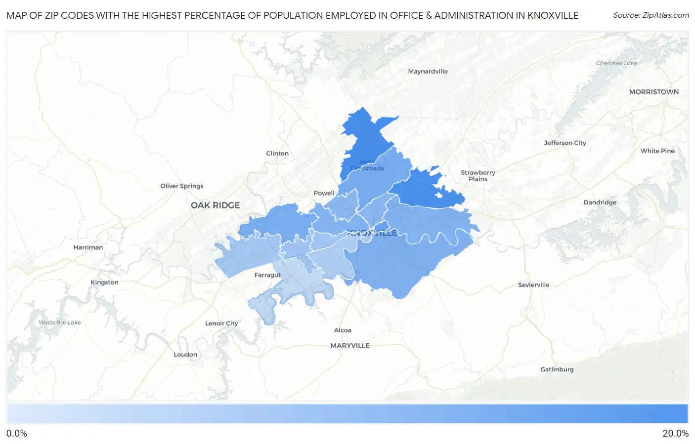 Zip Codes with the Highest Percentage of Population Employed in Office & Administration in Knoxville Map