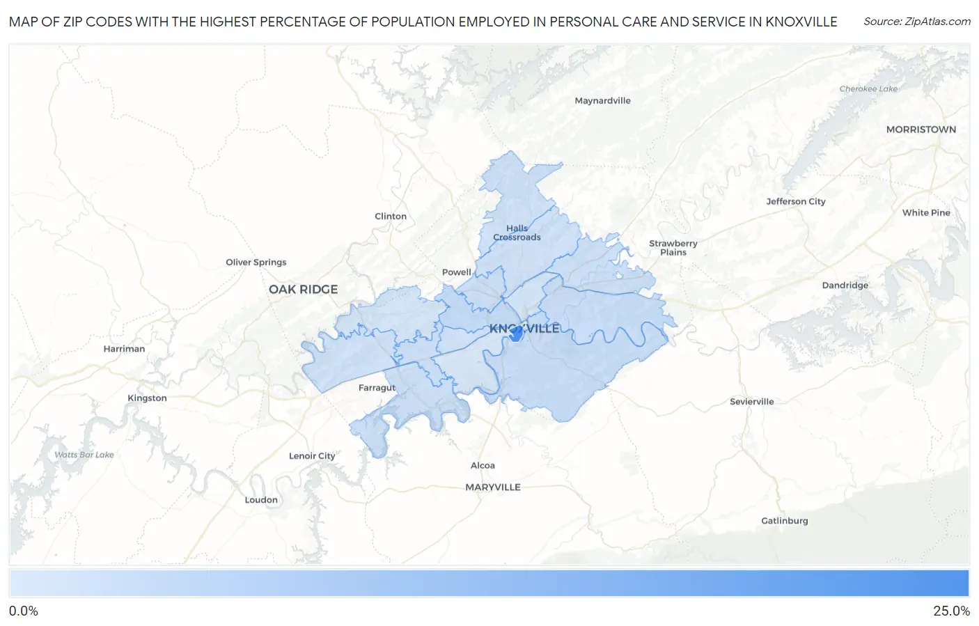 Zip Codes with the Highest Percentage of Population Employed in Personal Care and Service in Knoxville Map