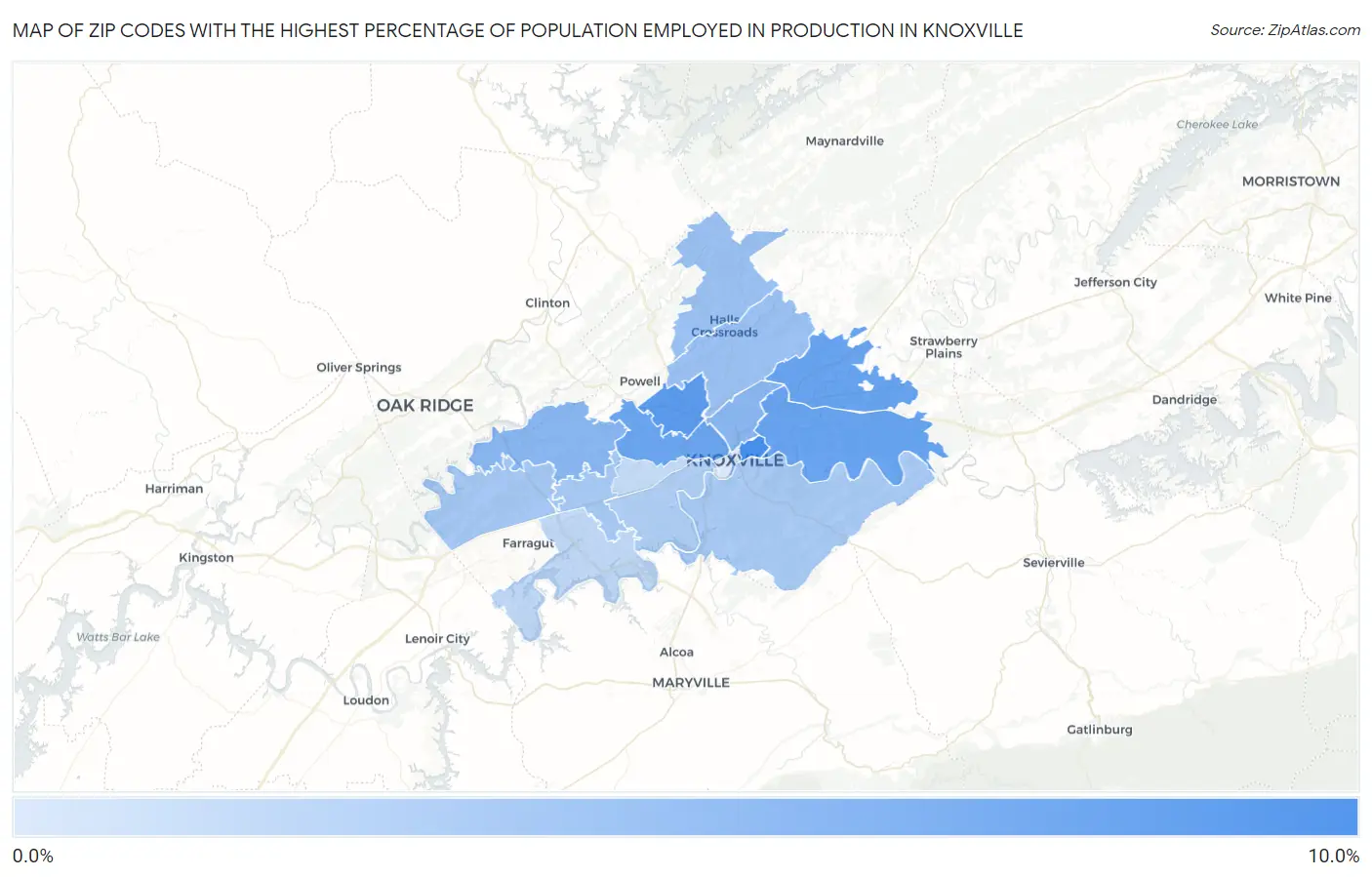 Zip Codes with the Highest Percentage of Population Employed in Production in Knoxville Map