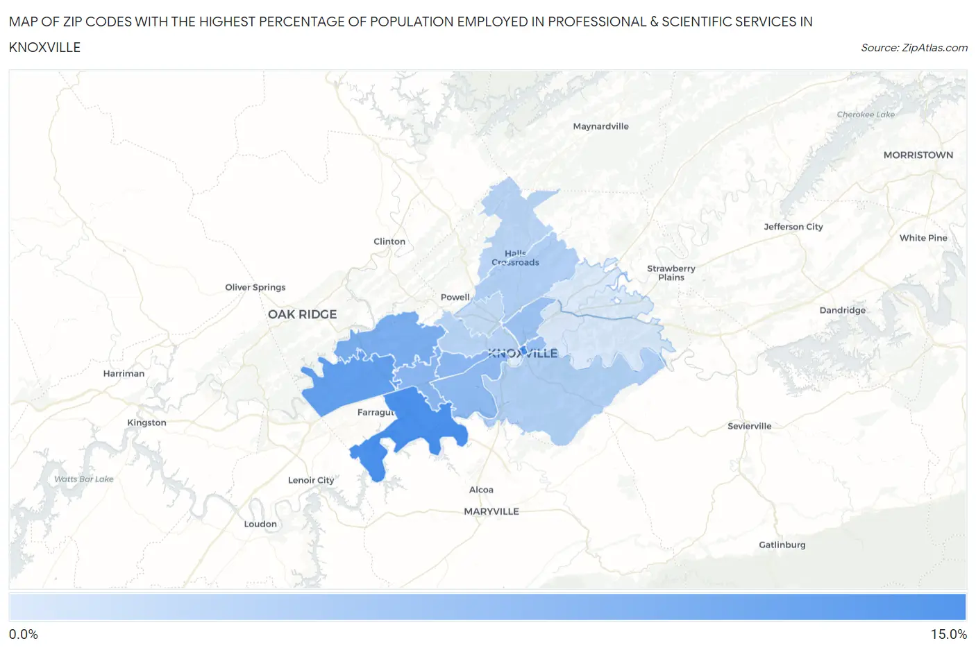 Zip Codes with the Highest Percentage of Population Employed in Professional & Scientific Services in Knoxville Map