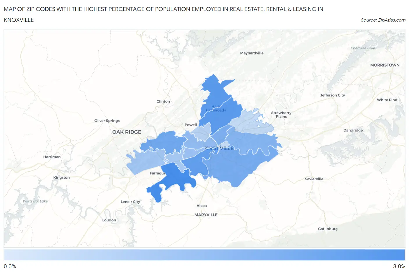 Zip Codes with the Highest Percentage of Population Employed in Real Estate, Rental & Leasing in Knoxville Map